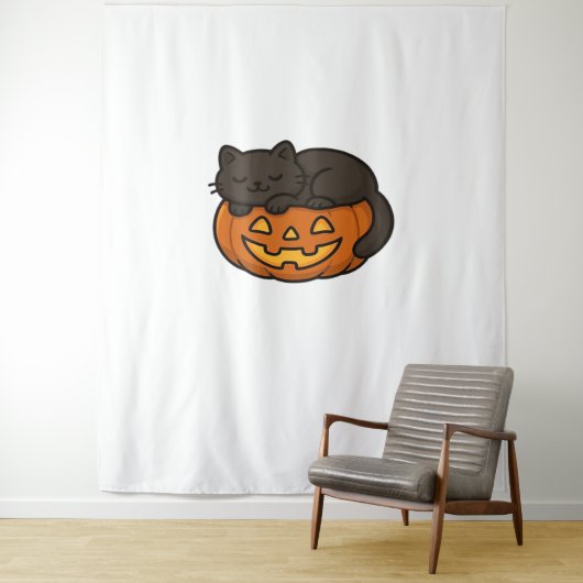 かわいい眠い黒猫のカボチャのハロウィンエッセン タペストリー (インサイチュ)