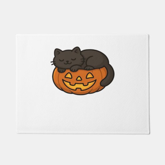 かわいい眠い黒猫のカボチャのハロウィンエッセン ドアマット (正面)