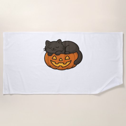 かわいい眠い黒猫のカボチャのハロウィンエッセン ビーチタオル (正面)