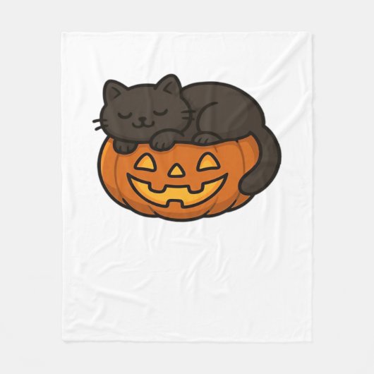 かわいい眠い黒猫のカボチャのハロウィンエッセン フリースブランケット (正面)