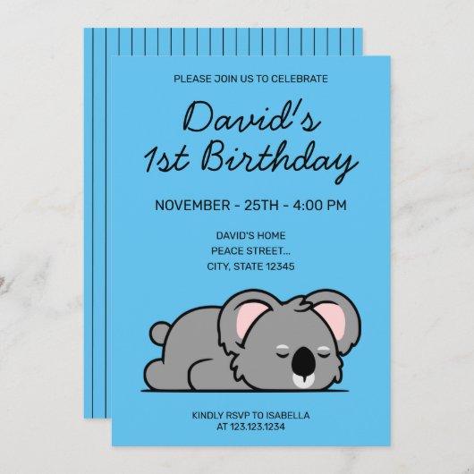 かわいい眠おもしろいるコアラ第1誕生日 招待状 (正面/裏面)