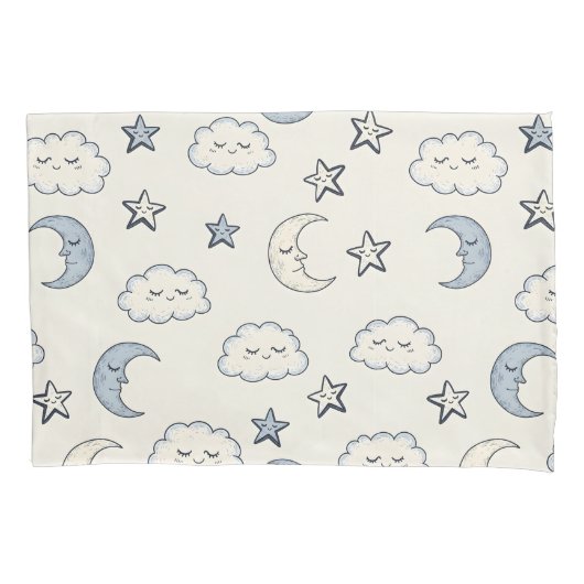 かわいい眠っている星、月、雲 枕カバー (正面)