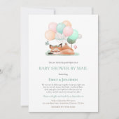かわいい眠りキツネバルーンティール（緑がかった色）ベビーシャワーbyメール 招待状 (正面)