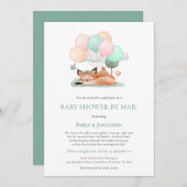 かわいい眠りキツネバルーンティール（緑がかった色）ベビーシャワーbyメール 招待状 (正面/裏面)