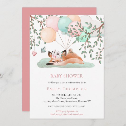 かわいい眠りキツネバルーンピンク赤ちゃんシャワー 招待状 (正面/裏面)