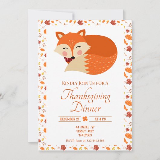 かわいい眠りキツネ感謝祭ディナー 招待状 (正面)