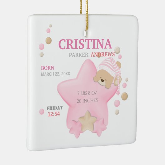 かわいい眠りテディベアーベビーガール誕生統計 セラミックオーナメント (右)