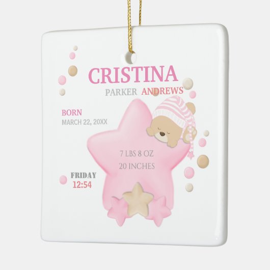かわいい眠りテディベアーベビーガール誕生統計 セラミックオーナメント (左)