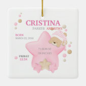 かわいい眠りテディベアーベビーガール誕生統計 セラミックオーナメント (裏面)