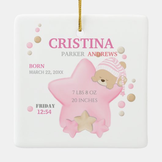 かわいい眠りテディベアーベビーガール誕生統計 セラミックオーナメント (裏面)