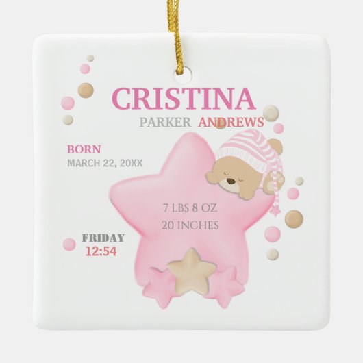 かわいい眠りテディベアーベビーガール誕生統計 セラミックオーナメント (正面)