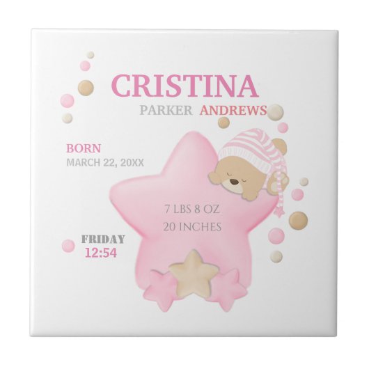 かわいい眠りテディベアーベビーガール誕生統計 タイル (正面)