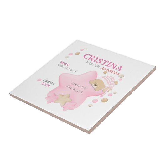 かわいい眠りテディベアーベビーガール誕生統計 タイル (側面)