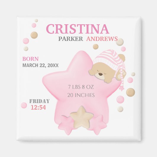 かわいい眠りテディベアーベビーガール誕生統計Mag マグネット (正面)