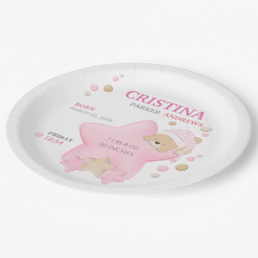 かわいい眠りテディベアーベビーガール誕生統計Pap ペーパープレート (アングル)