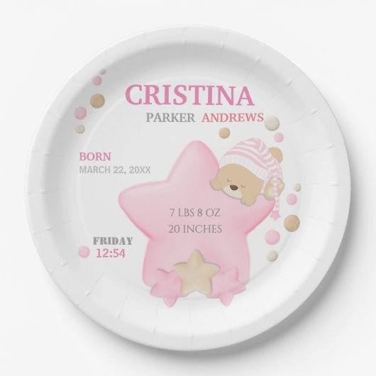 かわいい眠りテディベアーベビーガール誕生統計Pap ペーパープレート (正面)