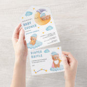 かわいい眠りテディベア三日月の赤ちゃんシャワー オールインワン招待状 (貼ってはがせる)