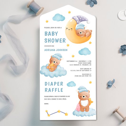 かわいい眠りテディベア三日月の赤ちゃんシャワー オールインワン招待状