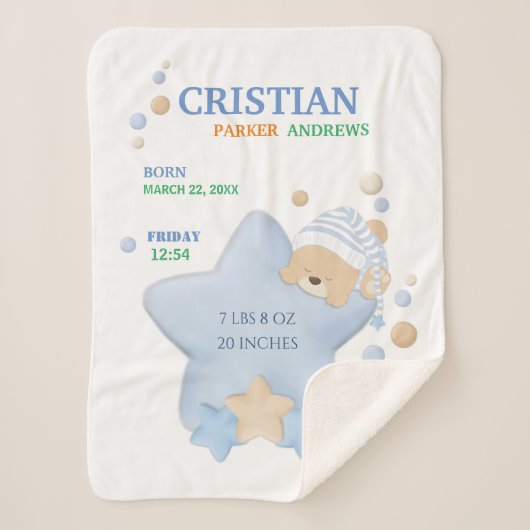 かわいい眠りテディベア男の赤ちゃん誕生統計シェーヤー シェルパブランケット (正面)