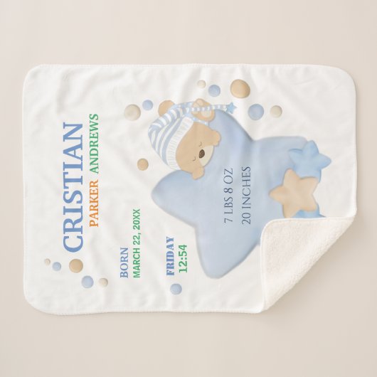 かわいい眠りテディベア男の赤ちゃん誕生統計シェーヤー シェルパブランケット (正面(横))