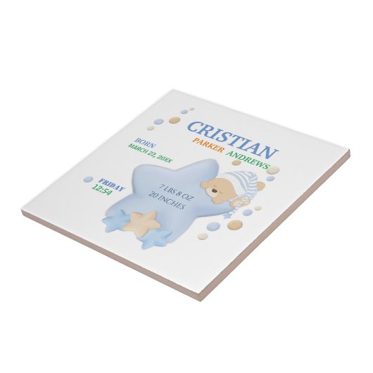 かわいい眠りテディベア男の赤ちゃん誕生統計セラ タイル (側面)