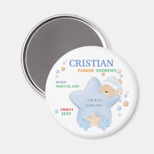 かわいい眠りテディベア男の赤ちゃん誕生統計マグン マグネット (正面/裏面)