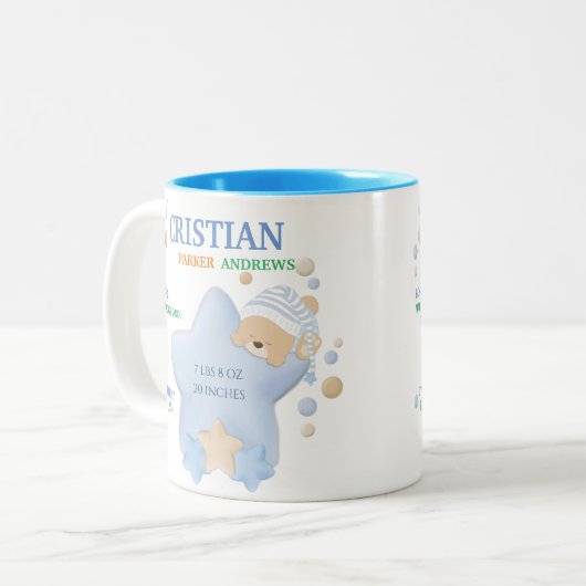 かわいい眠りテディベア男の赤ちゃん誕生統計2- ツートーンマグカップ (正面左)