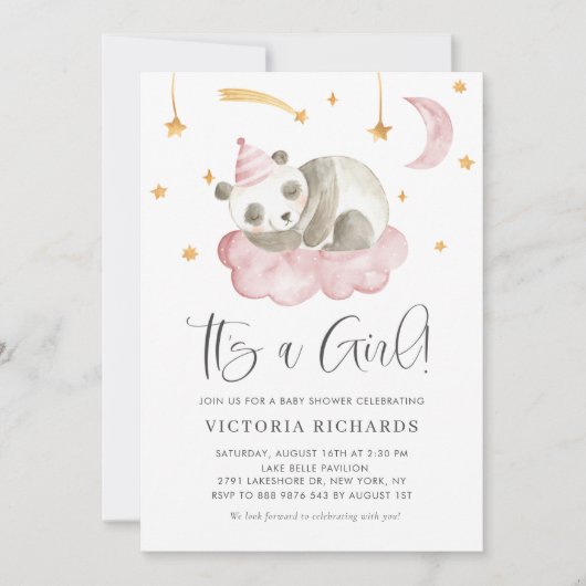 かわいい眠りパンダピンク女の子ベビーシャワー 招待状 (正面)