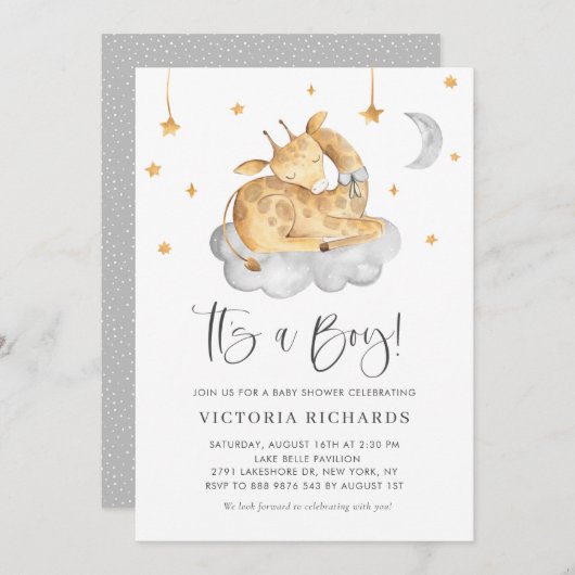 かわいい眠るキリン灰色それは男の子の赤ちゃんシャワーだ 招待状 (正面/裏面)