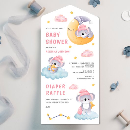 かわいい眠るコアラクマ三日月の赤ちゃんシャワー オールインワン招待状