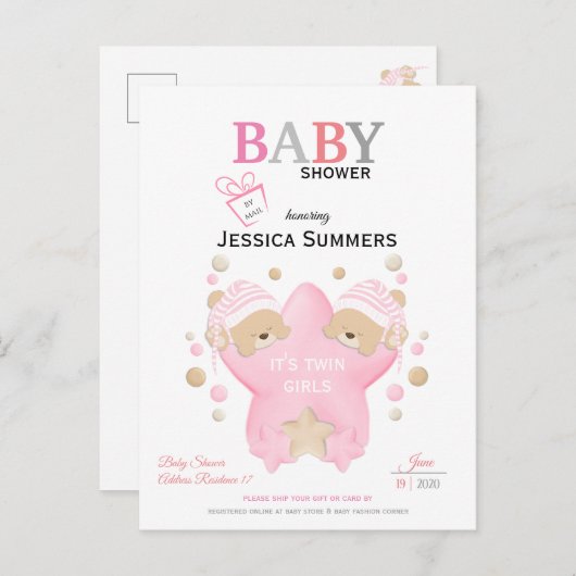 かわいい眠るテディベア双子の女の子シャワーbyメール インビテーションポストカード (正面/裏面)