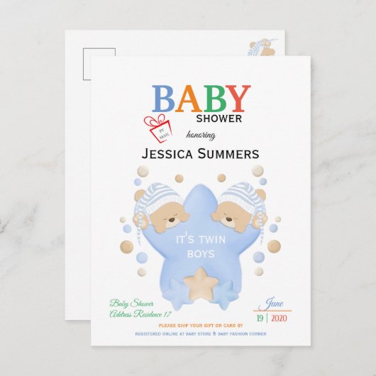 かわいい眠るテディベア双子の男の子シャワーbyメール インビテーションポストカード (正面/裏面)