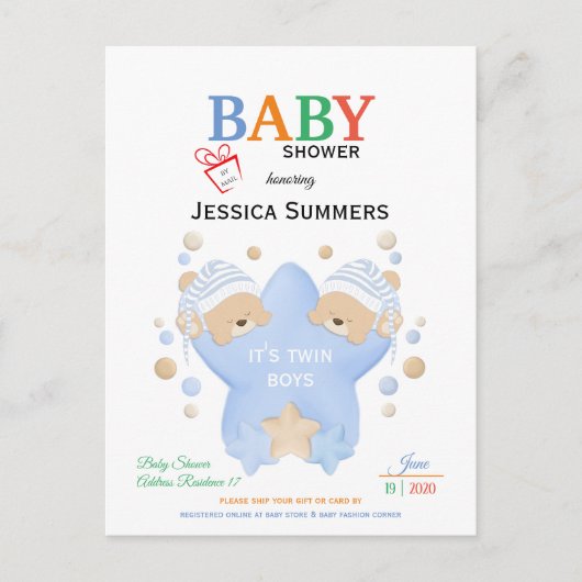 かわいい眠るテディベア双子の男の子シャワーbyメール インビテーションポストカード (正面)