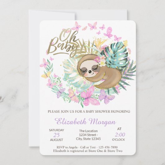 かわいい眠るナマケモノ蝶ベビーシャワー 招待状 (正面)