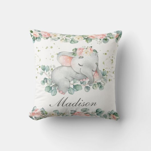 かわいい眠るベビー象ピンクフローラ緑 クッション (正面)