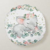 かわいい眠るベビー象ピンクフローラ緑 ラウンドクッション (裏面)