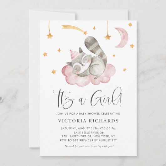 かわいい眠るラクーンピンク女の子の赤ちゃんシャワー 招待状 (正面)