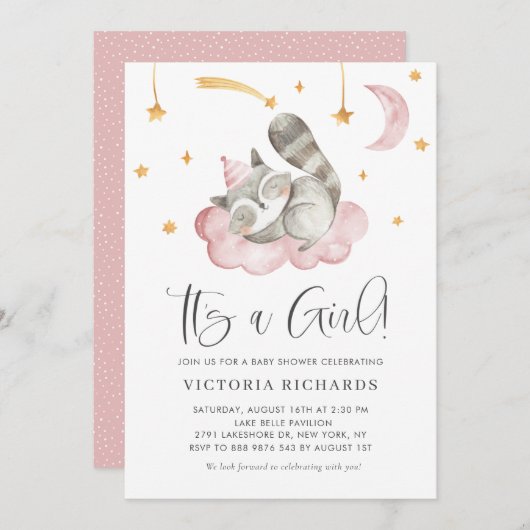 かわいい眠るラクーンピンク女の子の赤ちゃんシャワー 招待状 (正面/裏面)