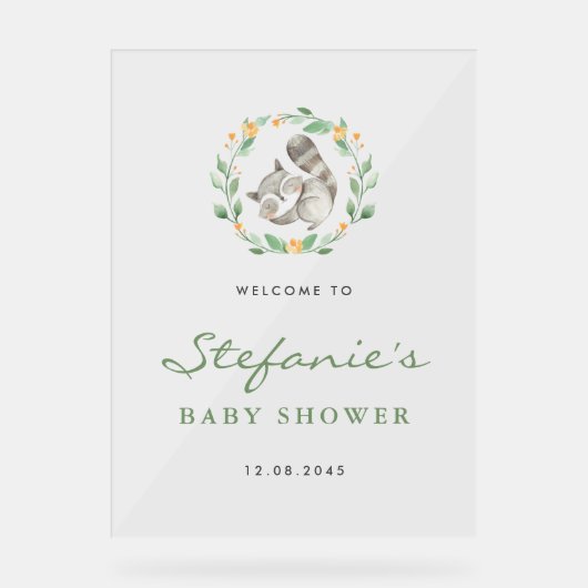 かわいい眠るラクーンリースベビーシャワーウェルカム アクリルサイン (正面)