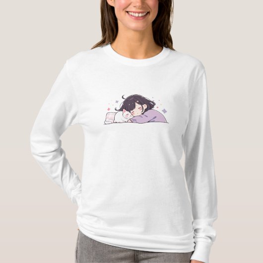 かわいい眠る女の子と猫 Tシャツ (正面)