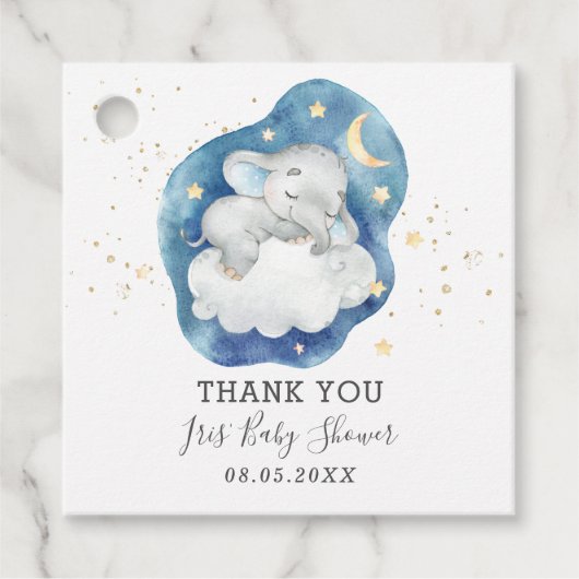 かわいい眠る象の星男の赤ちゃんありがとう フェイバータグ (正面)