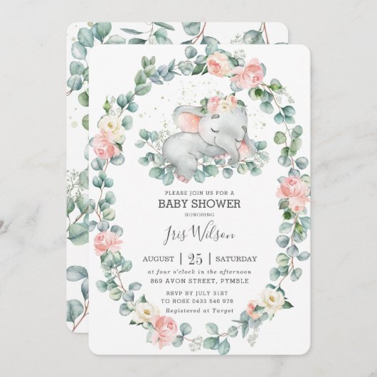 かわいい眠る象の緑の赤ちゃんシャワー女の子 招待状 (正面/裏面)