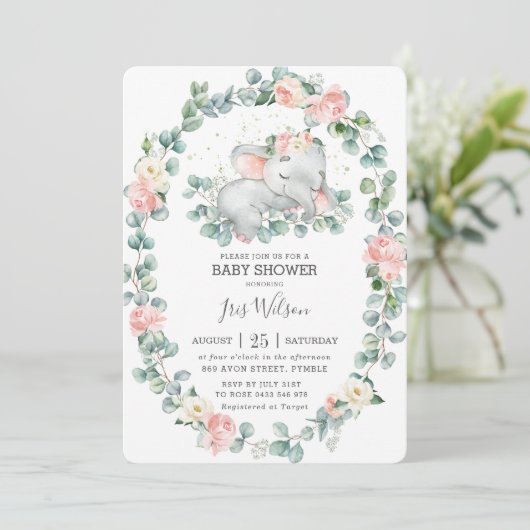 かわいい眠る象の緑の赤ちゃんシャワー女の子 招待状 (スタンド正面)