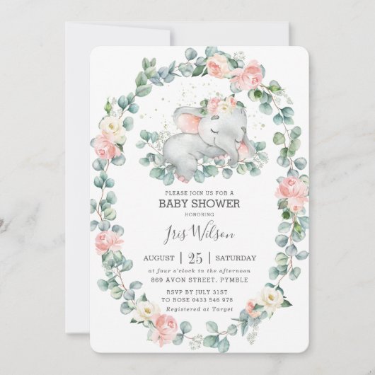 かわいい眠る象の緑の赤ちゃんシャワー女の子 招待状 (正面)