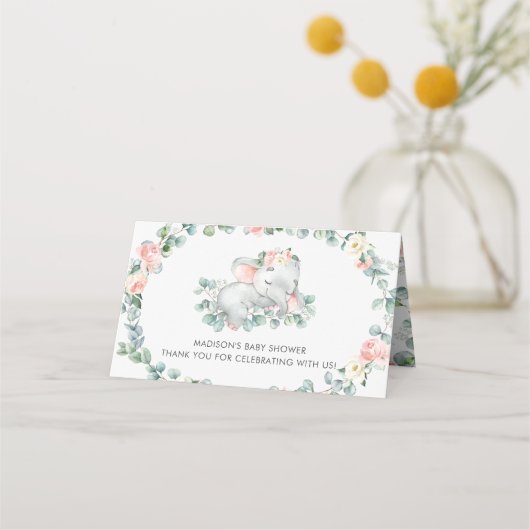 かわいい眠る象ピンクのフローラ赤ちゃんシャワー プレイスカード (裏面)