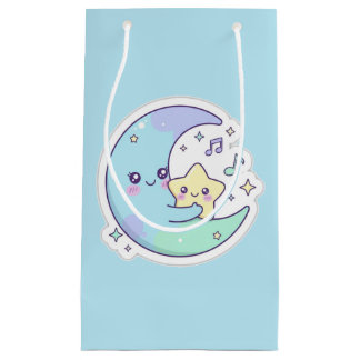 かわいい眠れる月と星のベイビーブルーのラマダンギフト スモールペーパーバッグ
