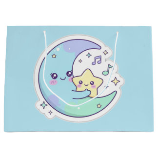 かわいい眠れる月と星のベイビーブルーのラマダンギフト ラージペーパーバッグ