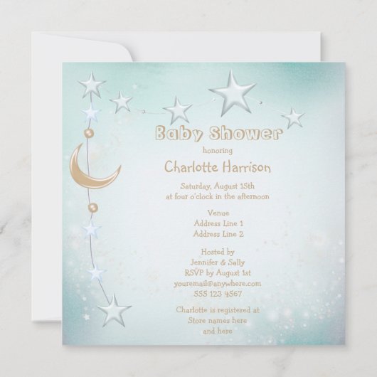 かわいい睡眠のテディの月及び星のベビーシャワー 招待状 (裏面)