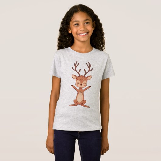 かわいい瞑想するシカのヨガのイラスト Tシャツ (正面フル)