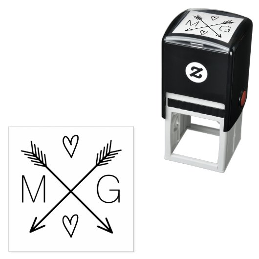 かわいい矢印ハートダブルモノグラム結婚のロゴ セルフインキングスタンプ (インサイチュ)